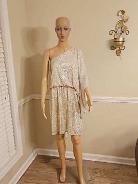 One-Shoulder Sequined Party Dress in Champagne Gold